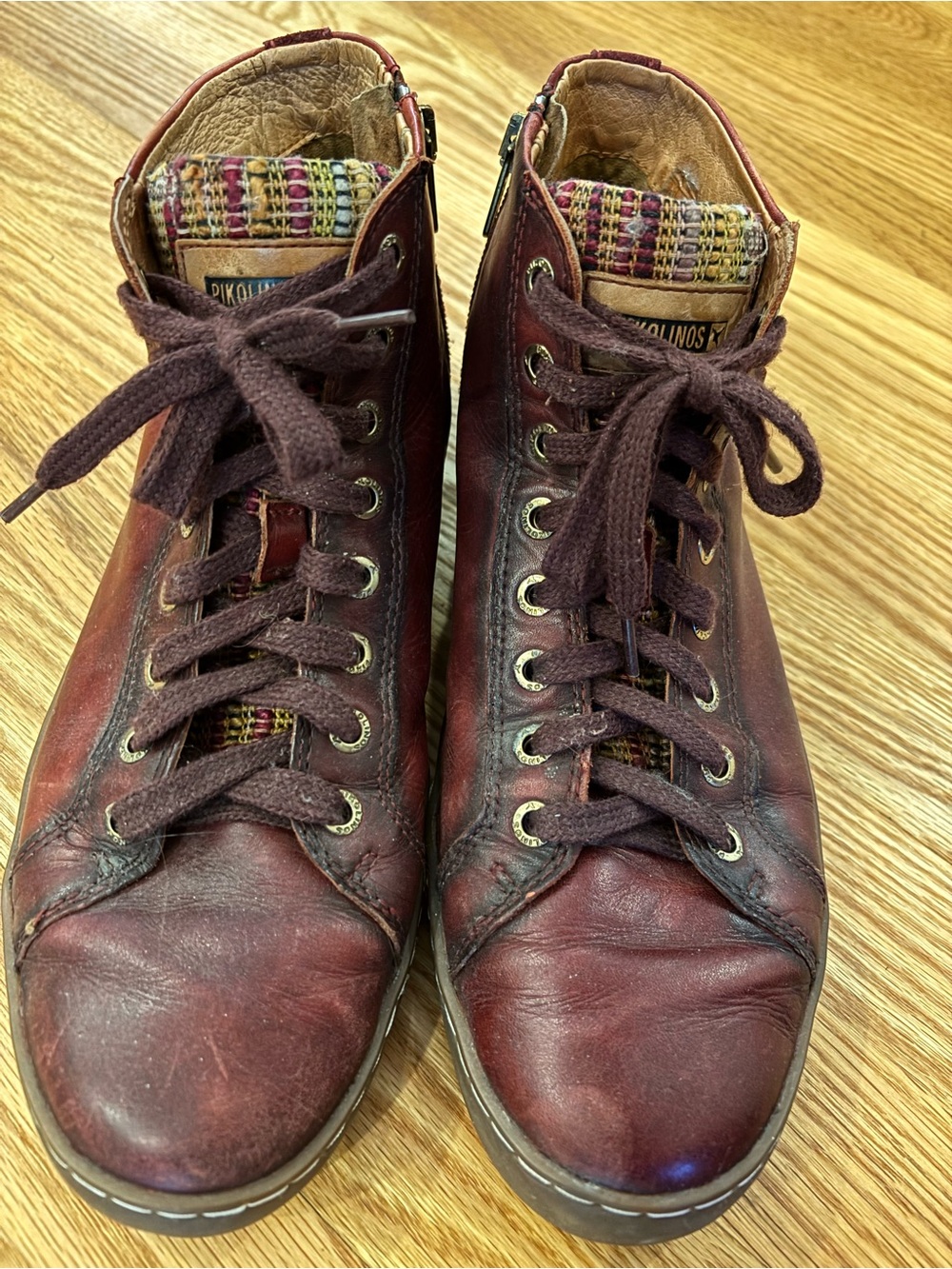 PIKOLINOS Burgundy Leather Lace-Up Ankle Boots with Woven Tongue Detail